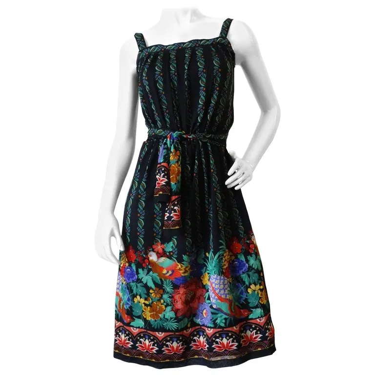 1970s Gottex Black Floral Printed Dress