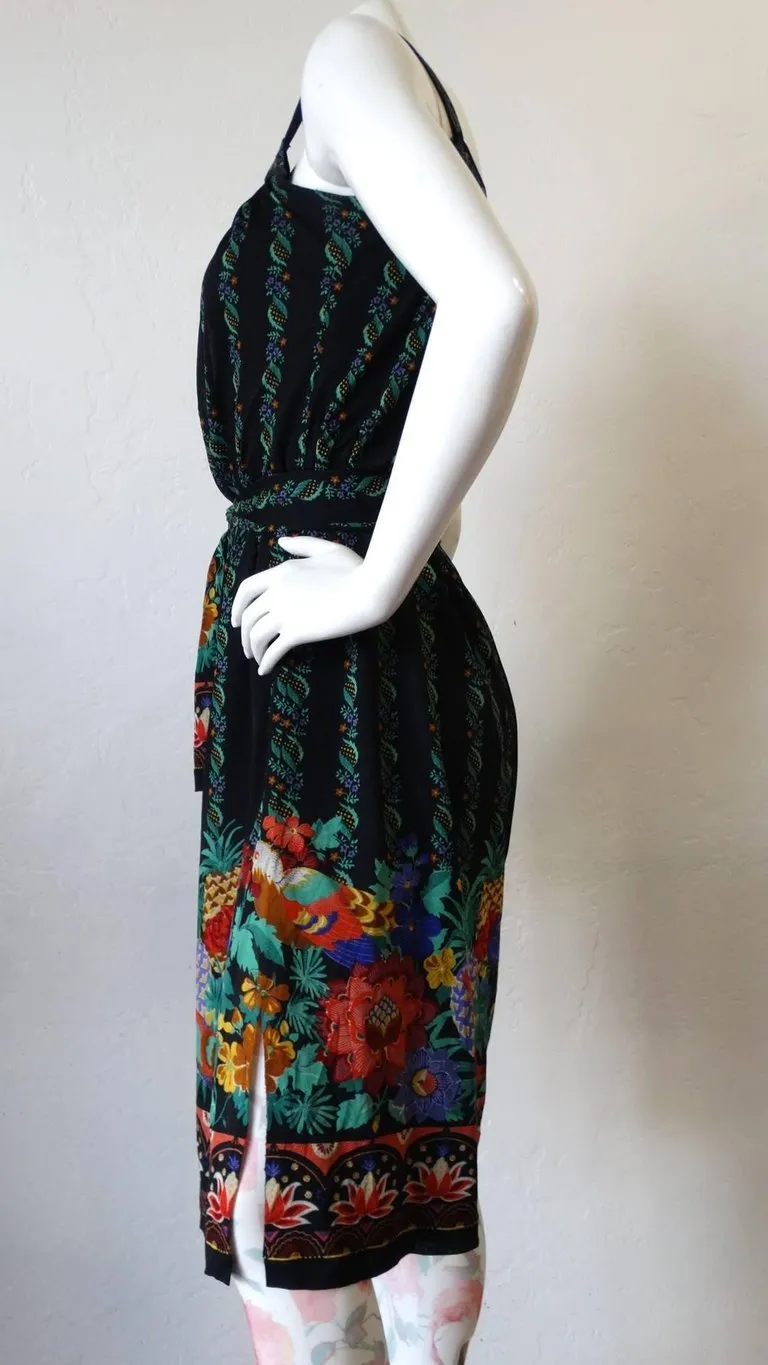 1970s Gottex Black Floral Printed Dress