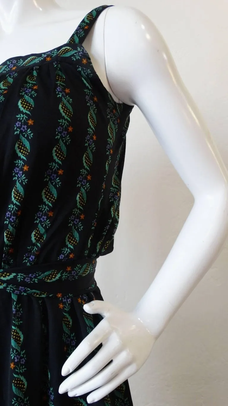 1970s Gottex Black Floral Printed Dress