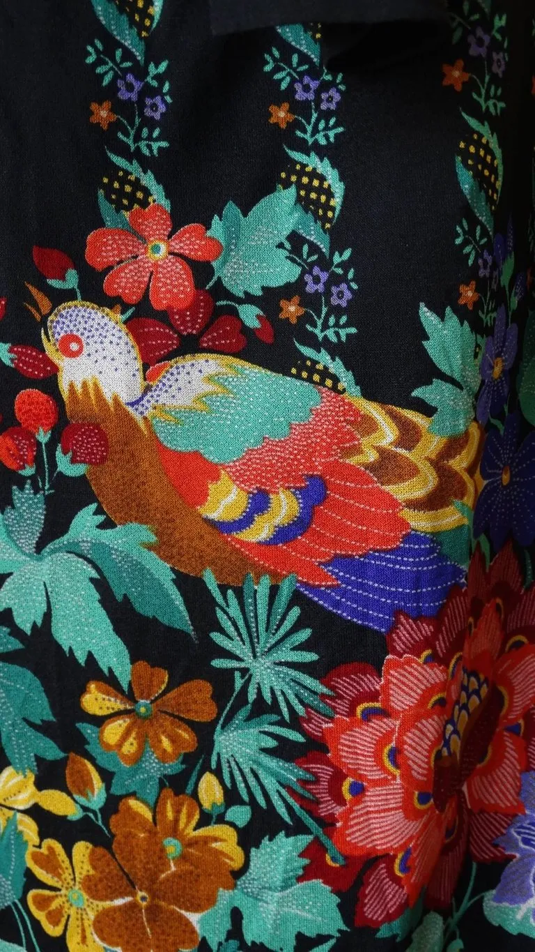 1970s Gottex Black Floral Printed Dress
