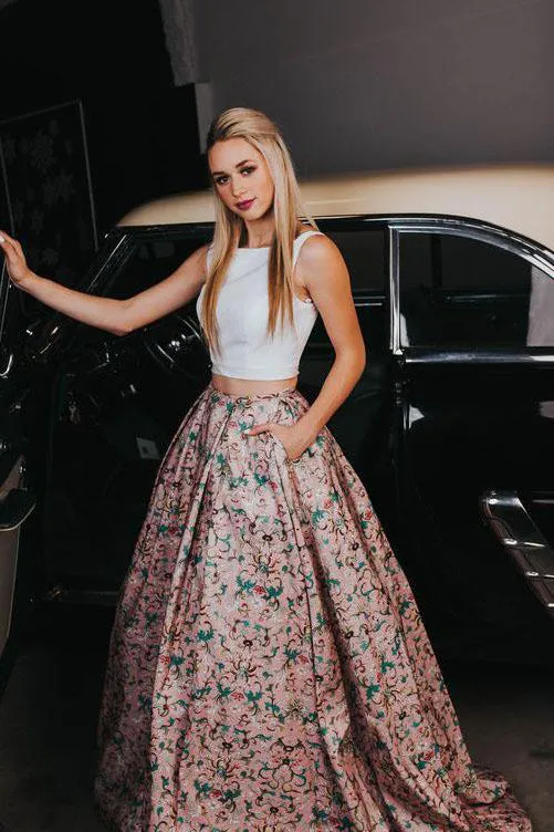 2 Pieces A-line Scoop Floral Printed Modest Long Prom Dress With Pockets OKA20