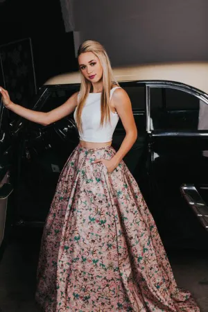 2 Pieces A-line Scoop Floral Printed Modest Long Prom Dress With Pockets OKA20