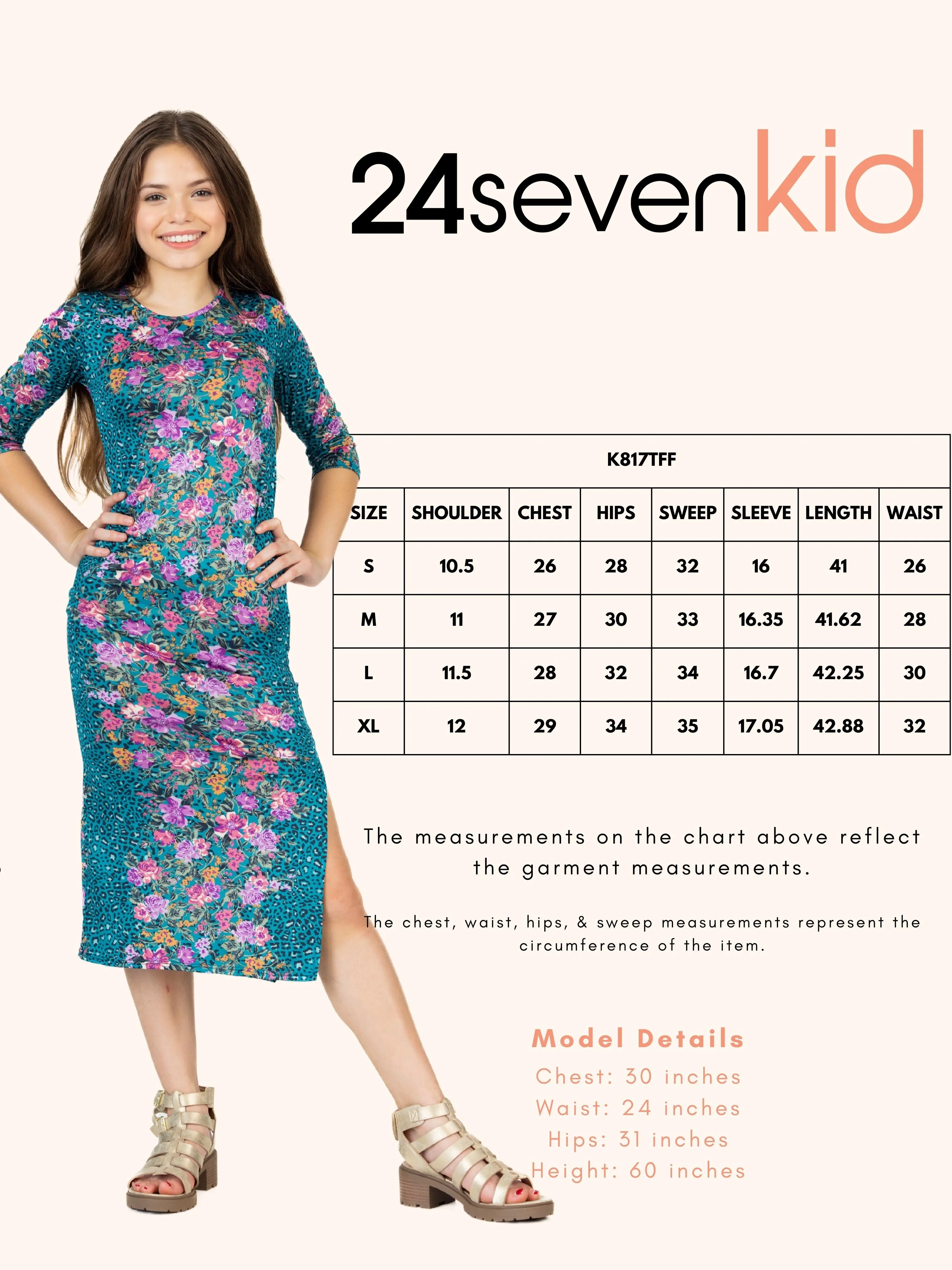24seven Comfort Apparel Teal Animal Print Side Slit Girls Maxi Dress
