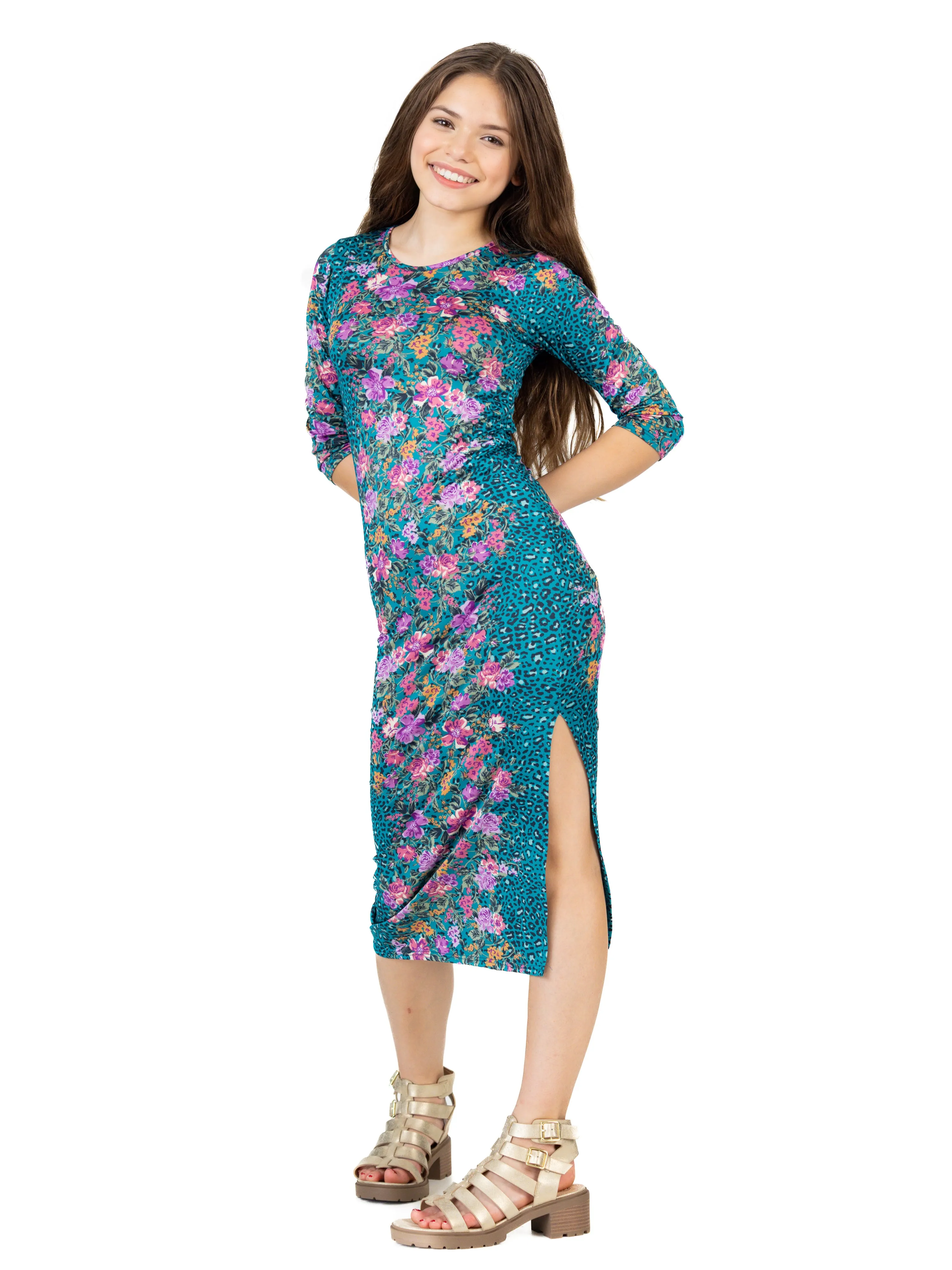 24seven Comfort Apparel Teal Animal Print Side Slit Girls Maxi Dress