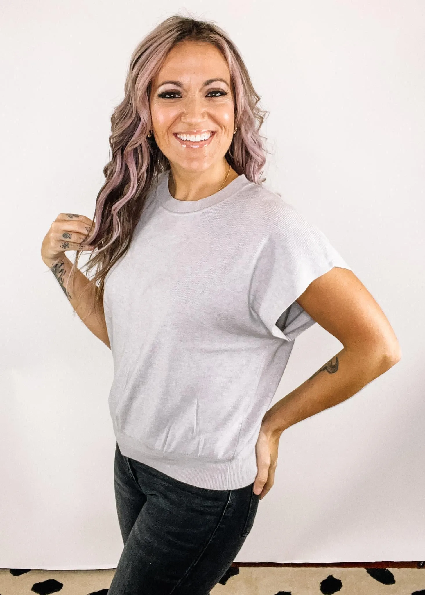 A - Round Neck Short Dolman Sleeve Knit Sweater