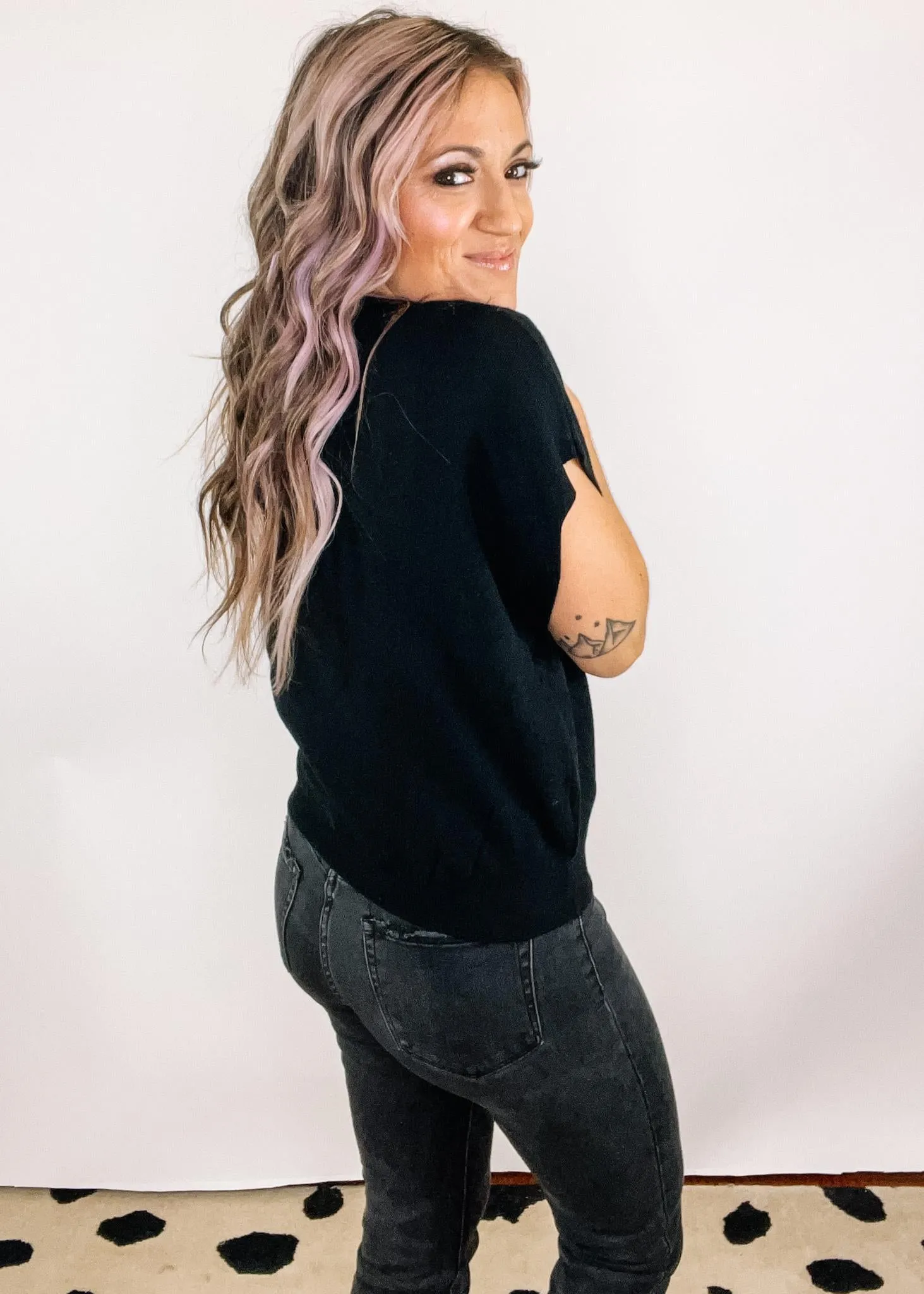 A - Round Neck Short Dolman Sleeve Knit Sweater
