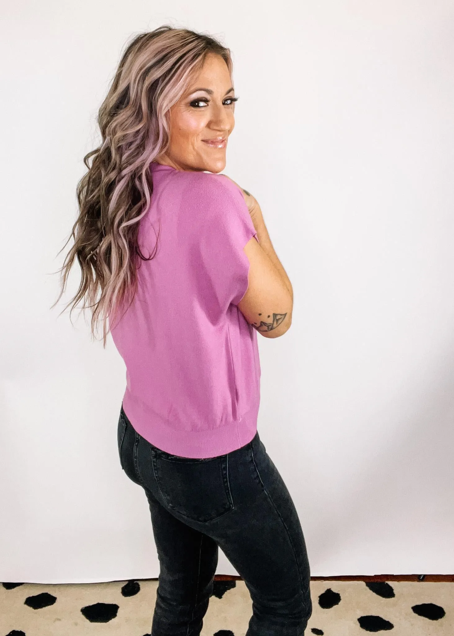 A - Round Neck Short Dolman Sleeve Knit Sweater