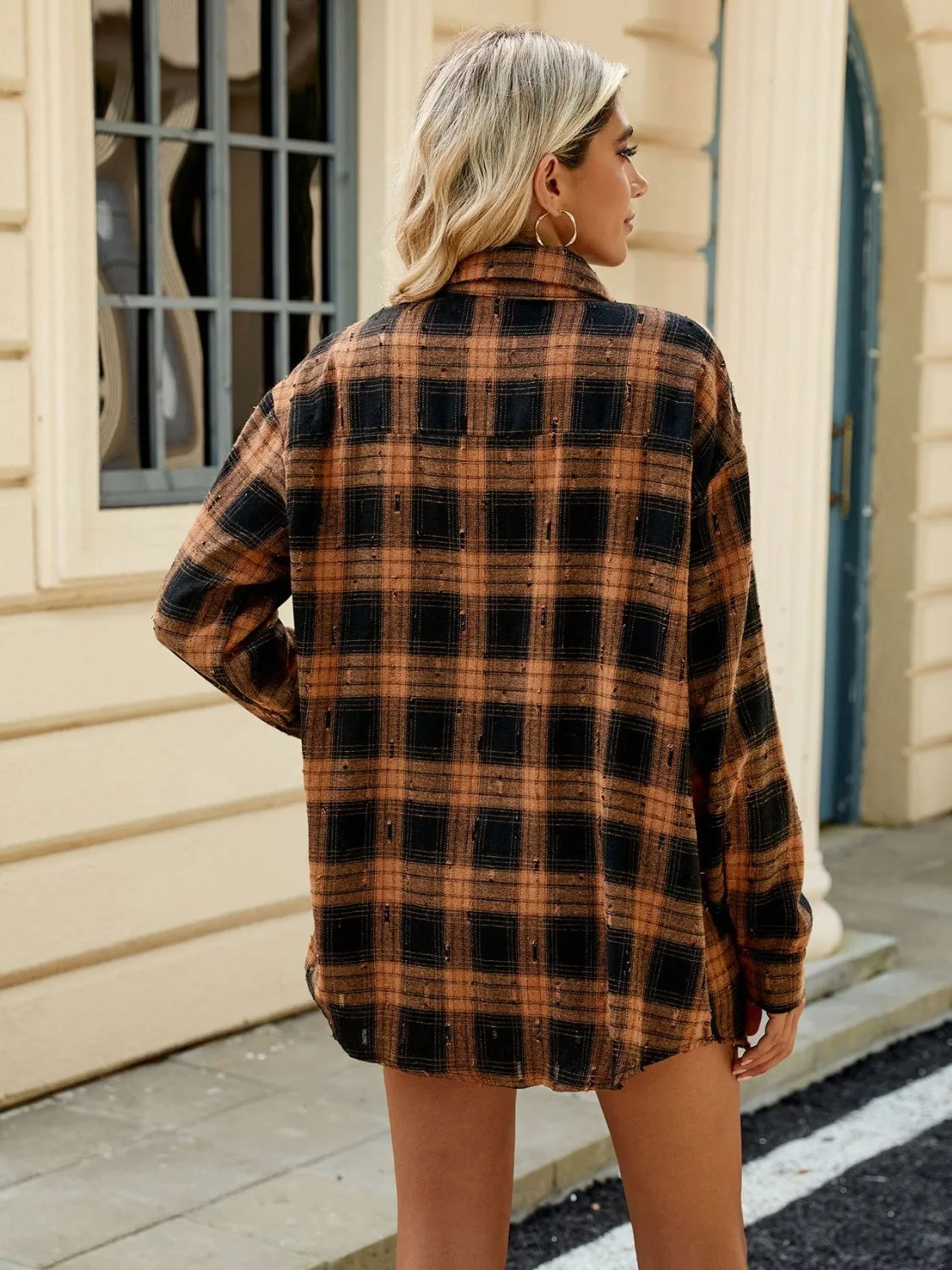 Abigal Plaid Button Up Long Sleeve Distressed Flannel