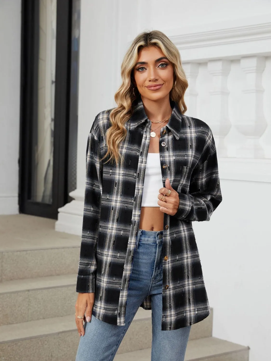 Abigal Plaid Button Up Long Sleeve Distressed Flannel