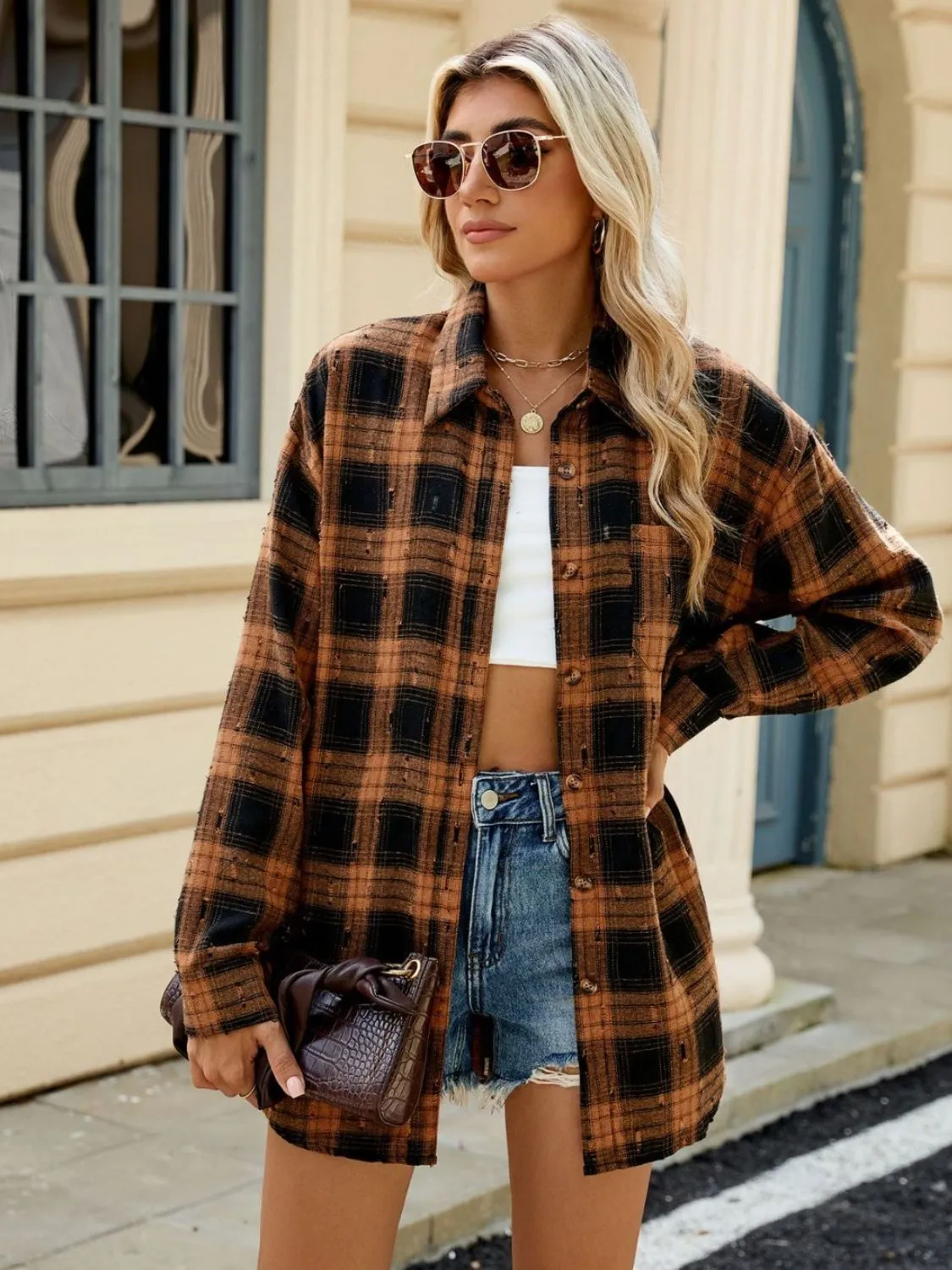 Abigal Plaid Button Up Long Sleeve Distressed Flannel