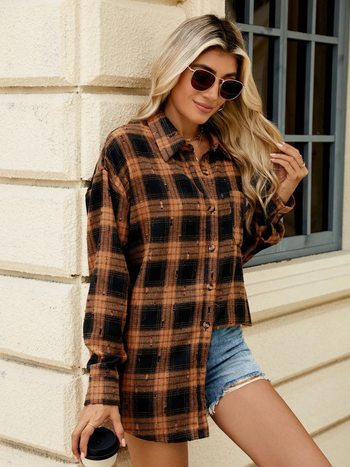 Abigal Plaid Button Up Long Sleeve Distressed Flannel