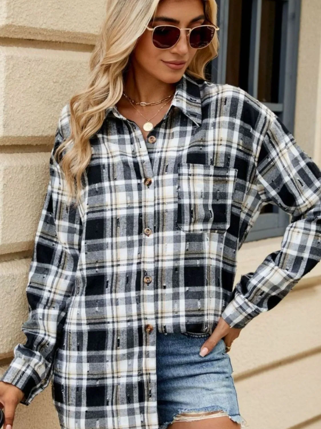 Abigal Plaid Button Up Long Sleeve Distressed Flannel