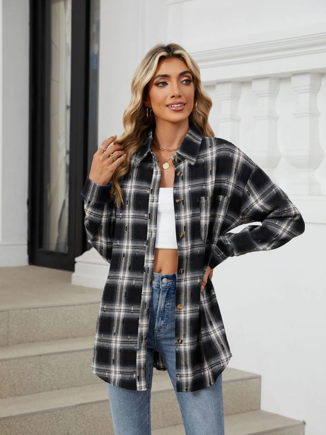 Abigal Plaid Button Up Long Sleeve Distressed Flannel
