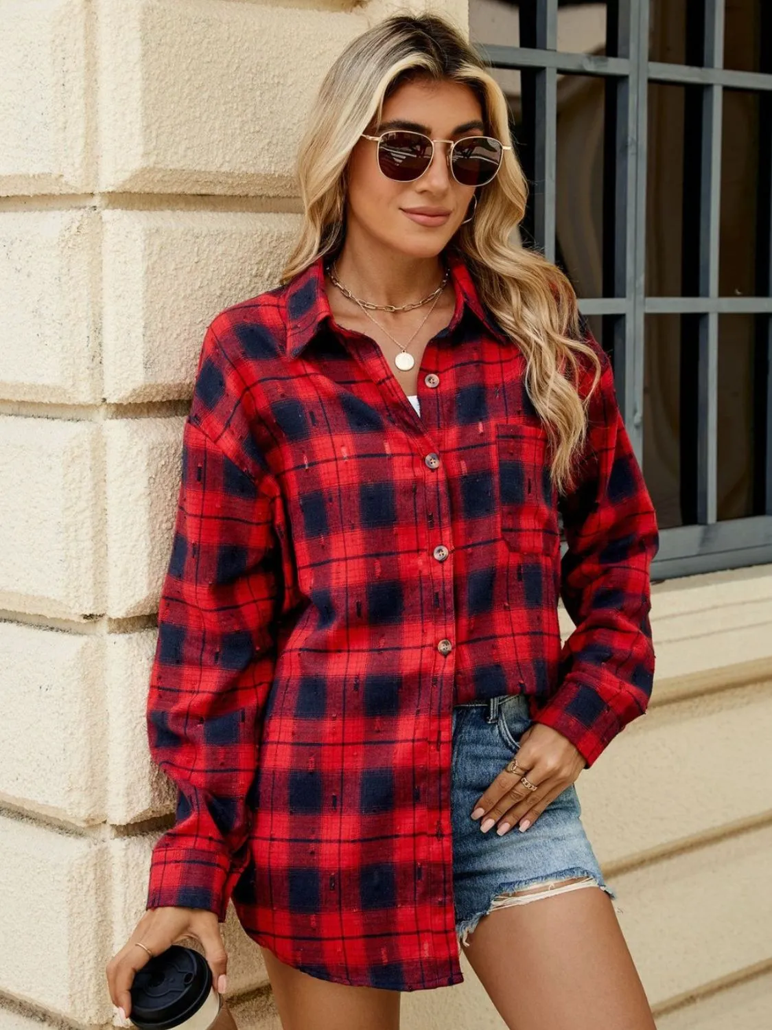 Abigal Plaid Button Up Long Sleeve Distressed Flannel