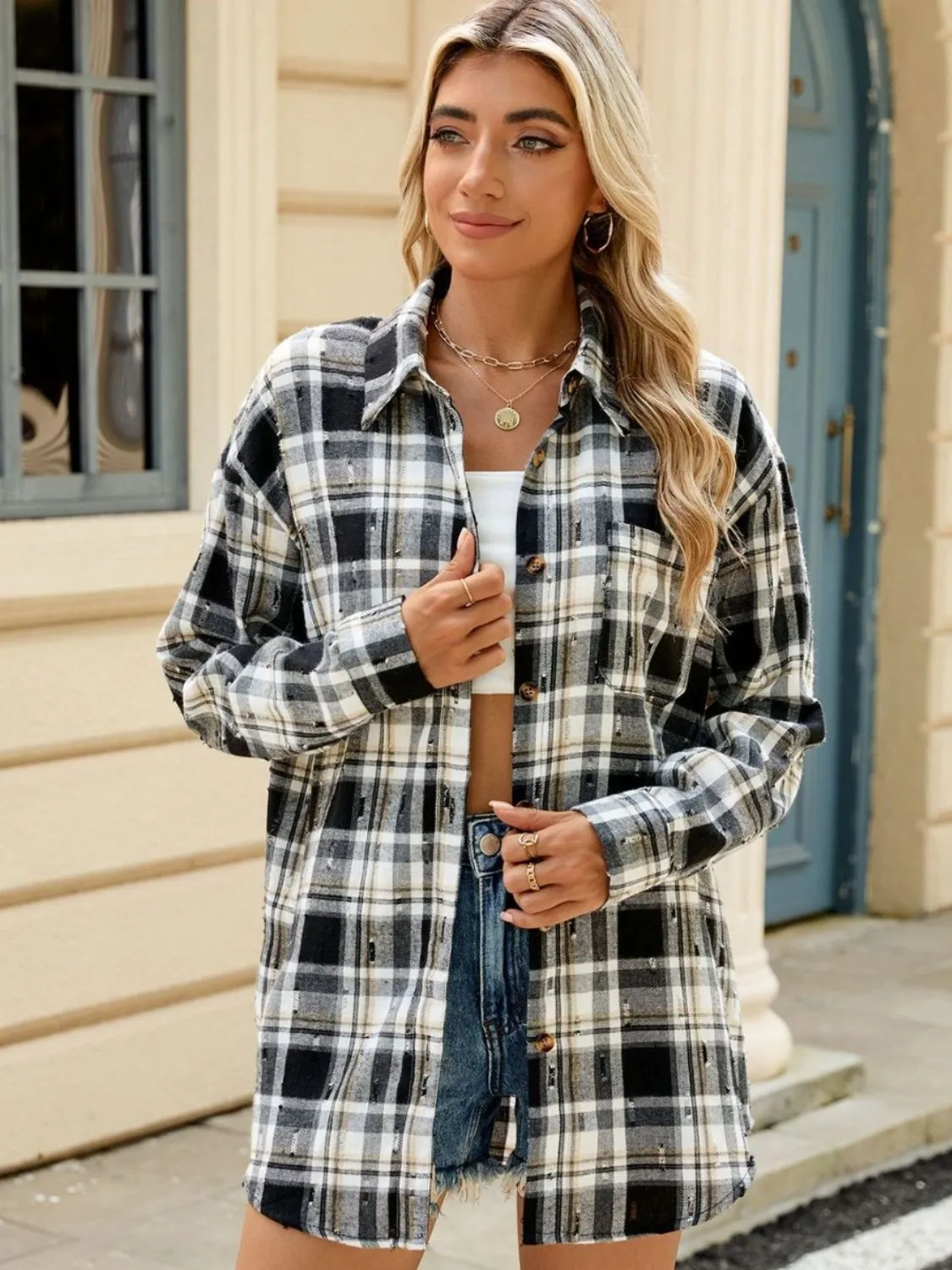 Abigal Plaid Button Up Long Sleeve Distressed Flannel