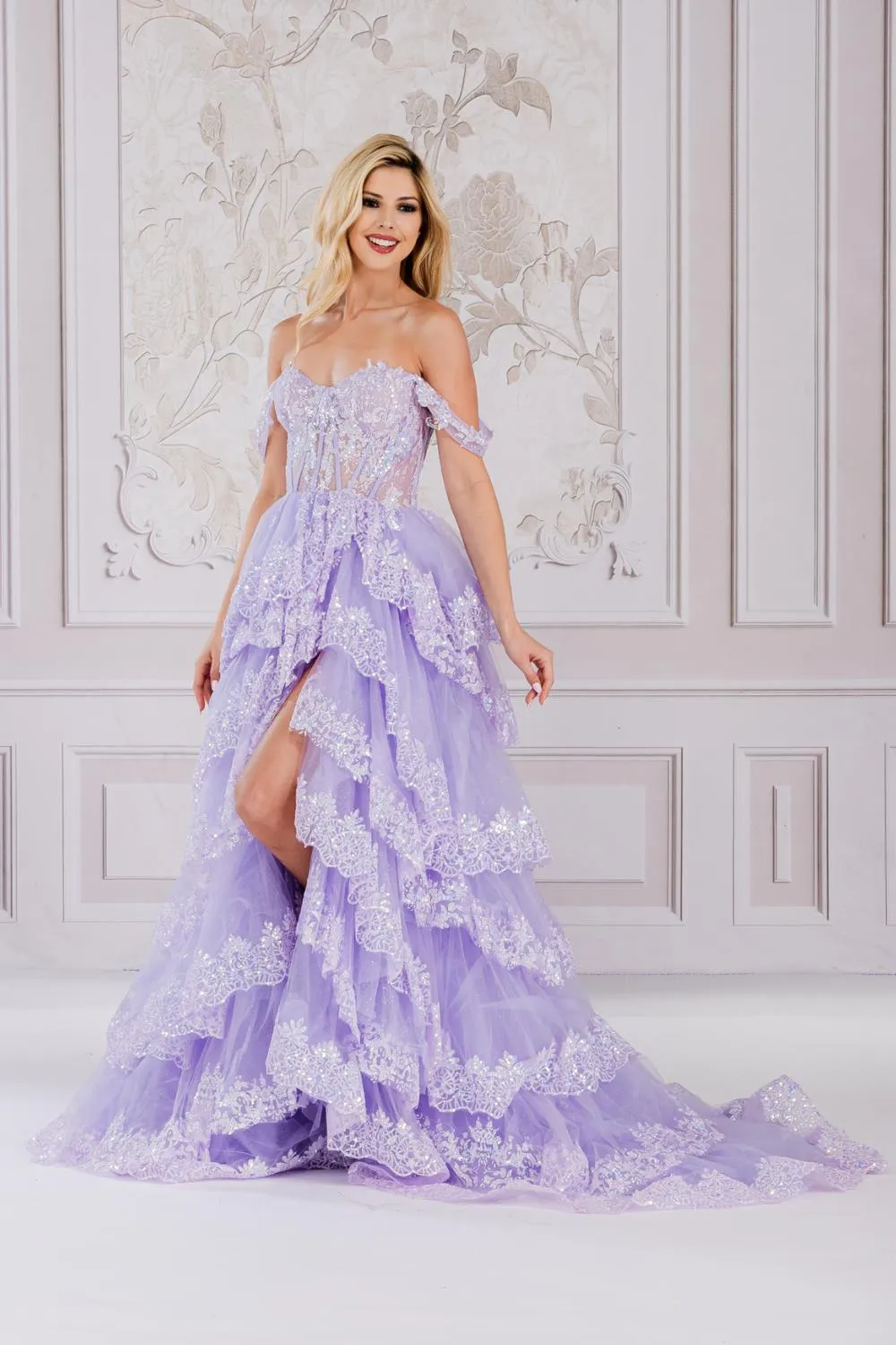 AC TM1012 - Off The Shoulder A-Line Prom Gown With Glitter Embellished Layered Skirt & Lace Up Corset Back