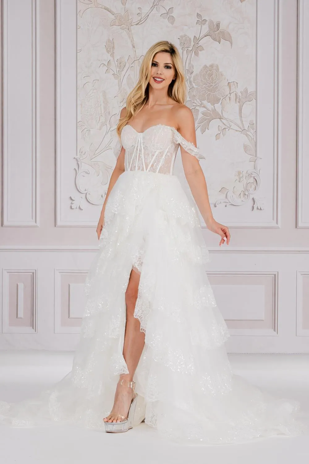 AC TM1012 - Off The Shoulder A-Line Prom Gown With Glitter Embellished Layered Skirt & Lace Up Corset Back