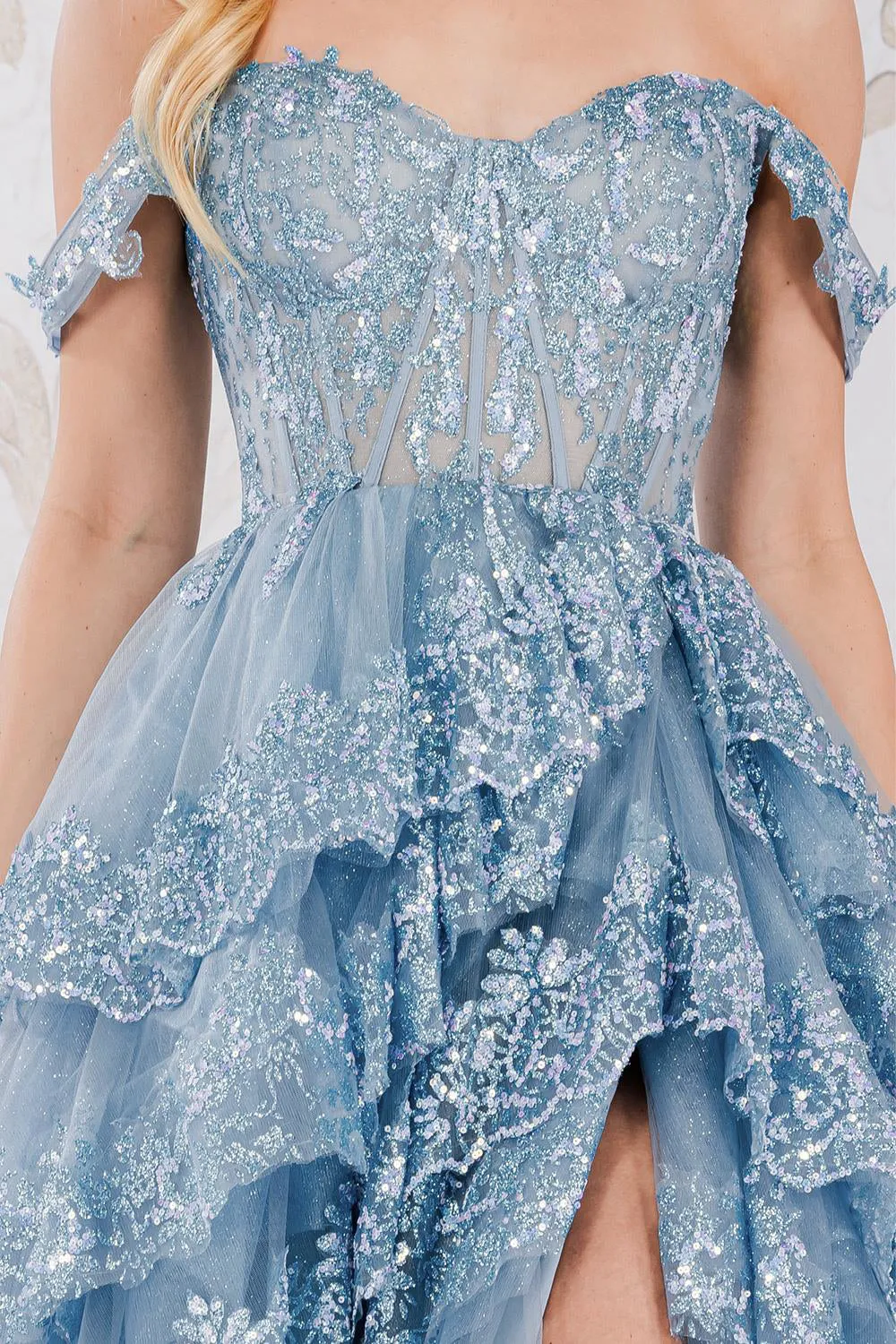 AC TM1012 - Off The Shoulder A-Line Prom Gown With Glitter Embellished Layered Skirt & Lace Up Corset Back