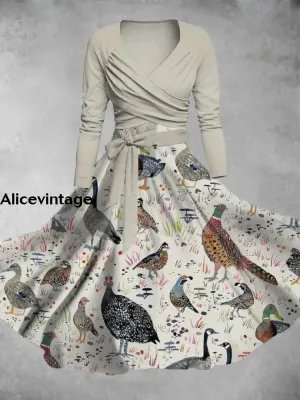 Animal Art Print Vintage V-Neck Long Sleeve Two-Piece Midi Dress
