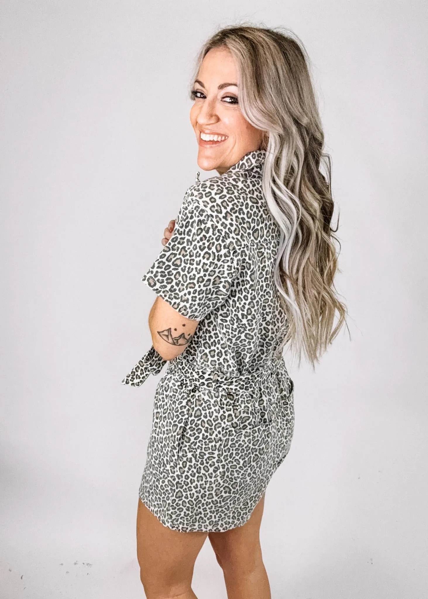 Animal Print Denim Zip Up Romper