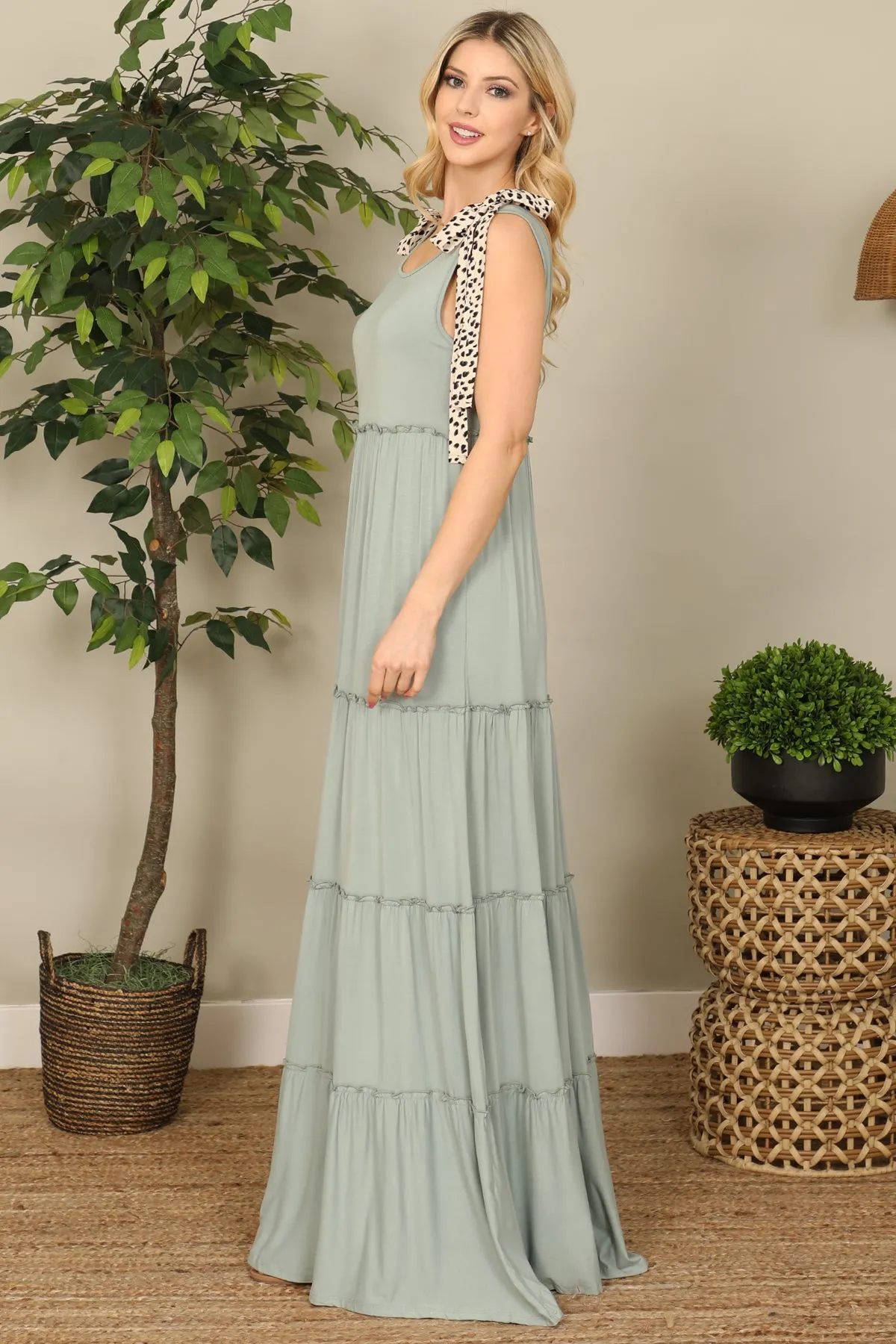 Animal Print Tie Strap Tiered Solid Maxi Dress