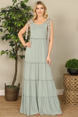 Animal Print Tie Strap Tiered Solid Maxi Dress