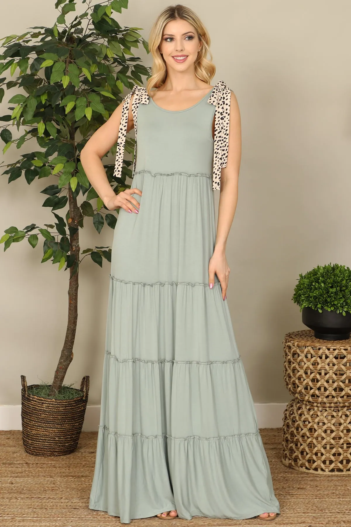 Animal Print Tie Strap Tiered Solid Maxi Dress