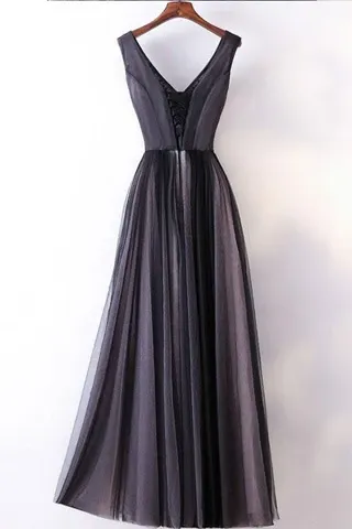 Anneprom Long Prom Dresses Straps V-Neck A-Line Embroidery Sexy Black Prom Dress APP0288
