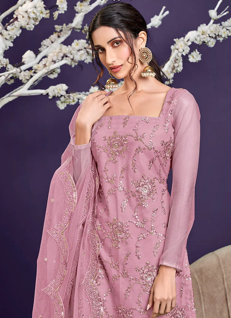 Baby Pink Zari And Badla Embroidered Sharara Suit