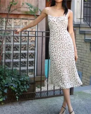 Backless Open Back Floral Printed Suspenders Midi Dress