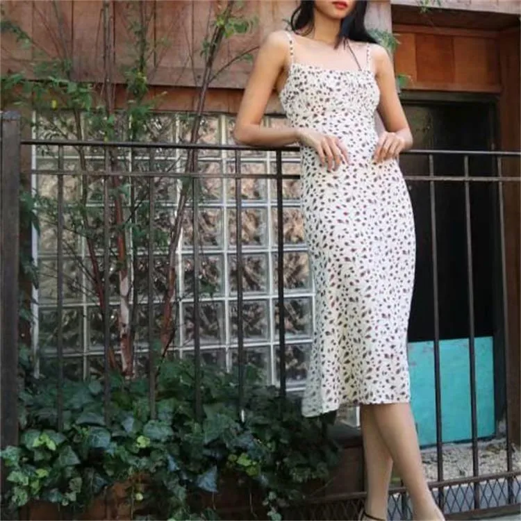 Backless Open Back Floral Printed Suspenders Midi Dress