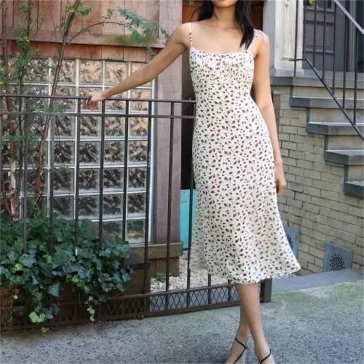 Backless Open Back Floral Printed Suspenders Midi Dress