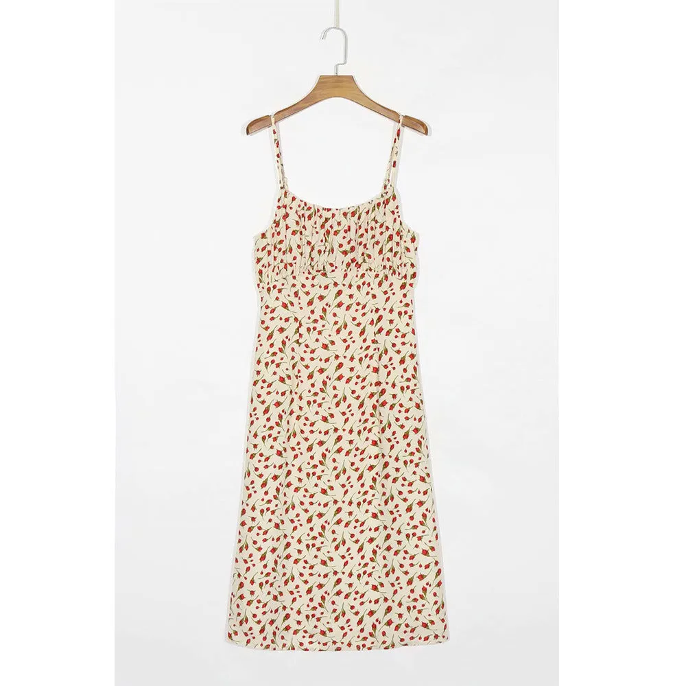 Backless Open Back Floral Printed Suspenders Midi Dress