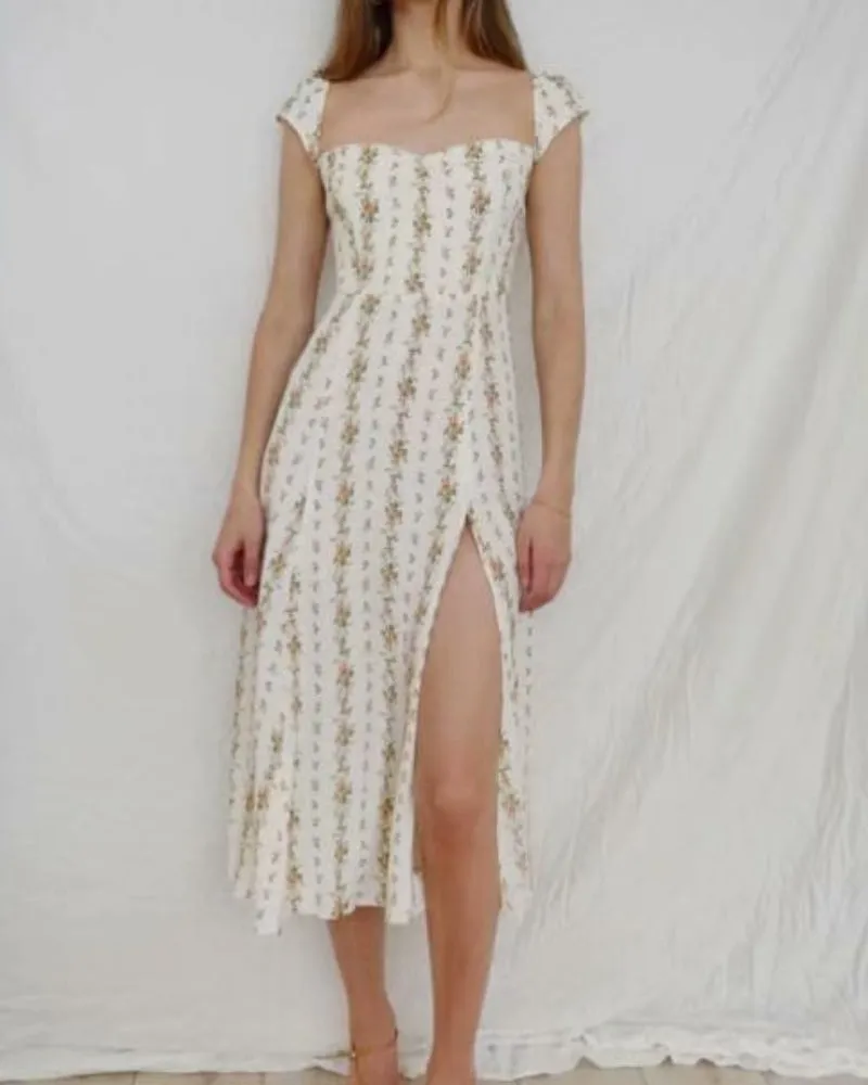 Backless Open Back Slit Floral Printed Midi Dress