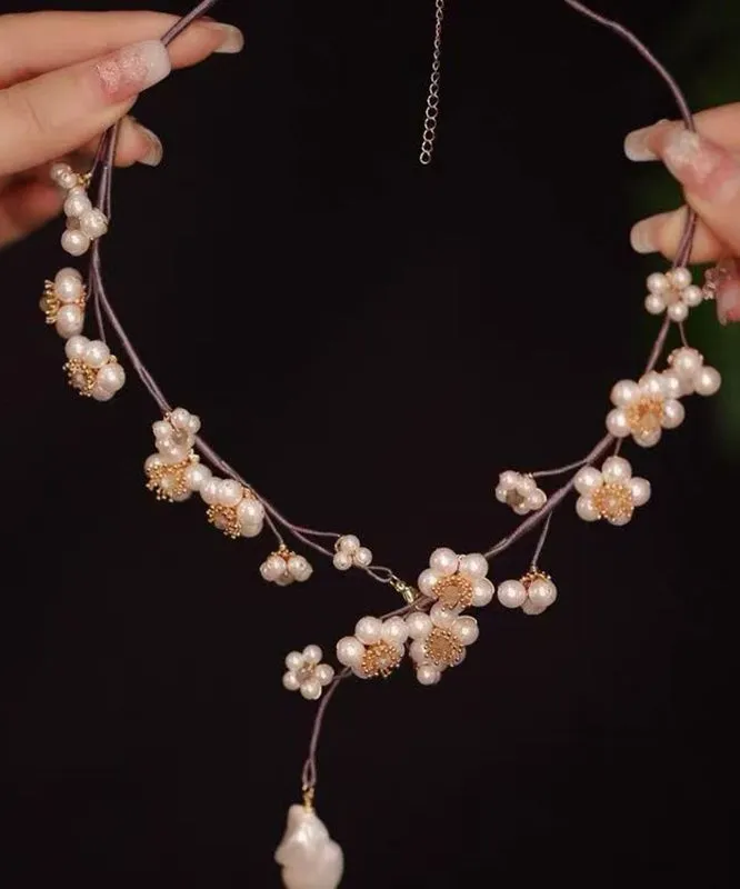 Beautiful Purple Weaving Pearl Floral Tassel Lariat Necklace