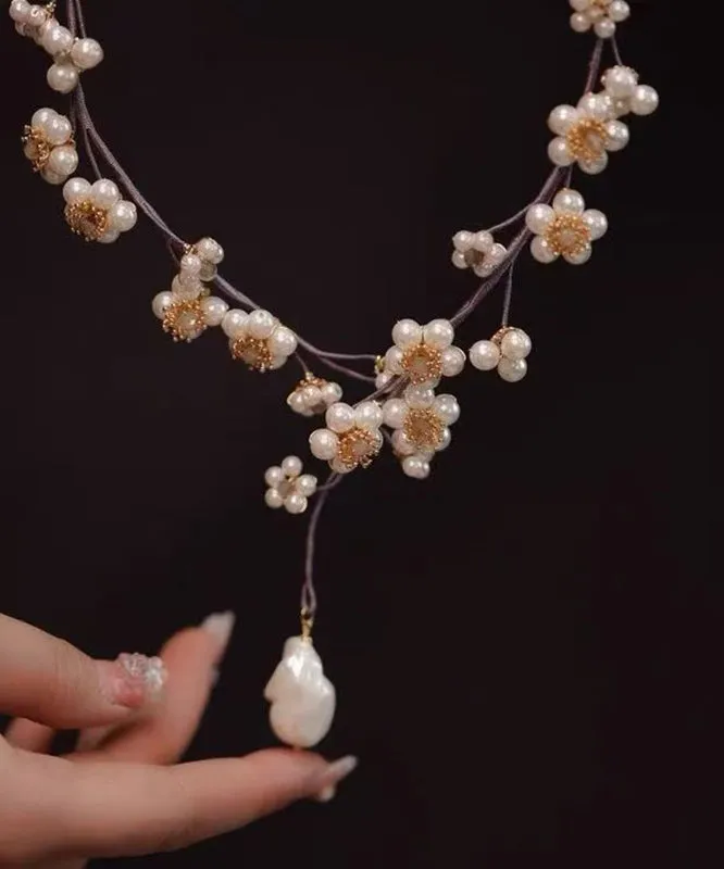 Beautiful Purple Weaving Pearl Floral Tassel Lariat Necklace