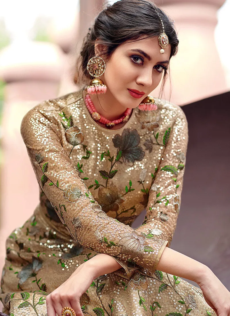 Beige And Pink Golden Zari Embellished Designer Anarkali Gown