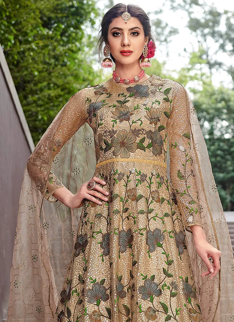 Beige And Pink Golden Zari Embellished Designer Anarkali Gown