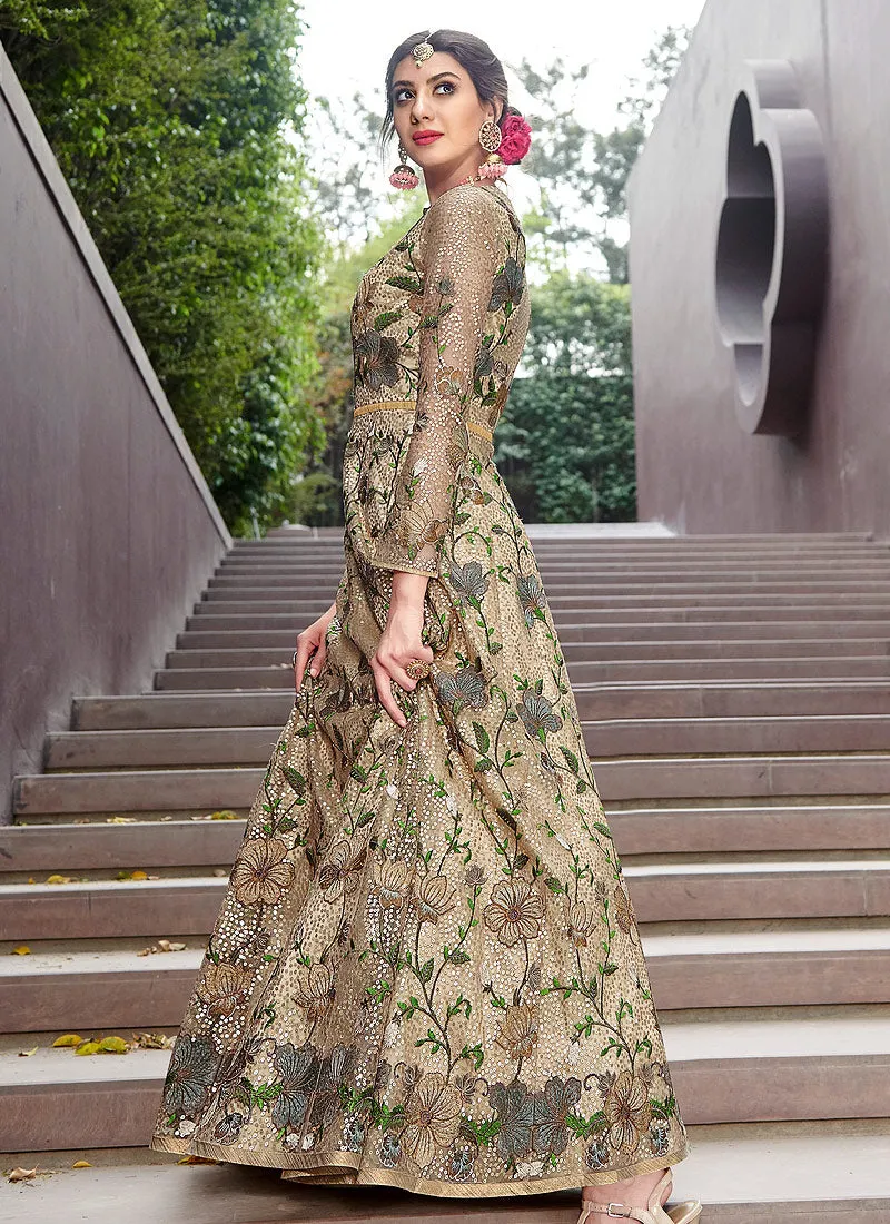 Beige And Pink Golden Zari Embellished Designer Anarkali Gown