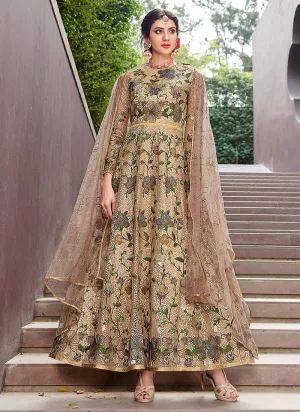 Beige And Pink Golden Zari Embellished Designer Anarkali Gown