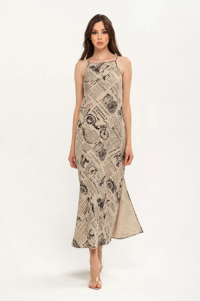 Beige Day A-line Crewneck Strap Printed Tea Summer Dress