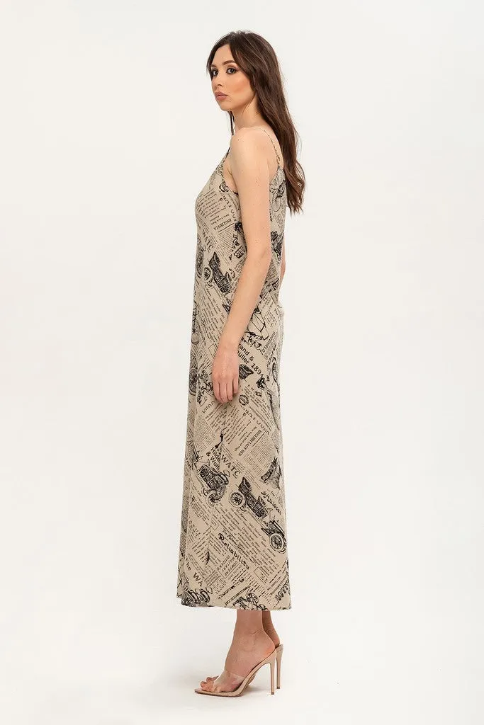 Beige Day A-line Crewneck Strap Printed Tea Summer Dress