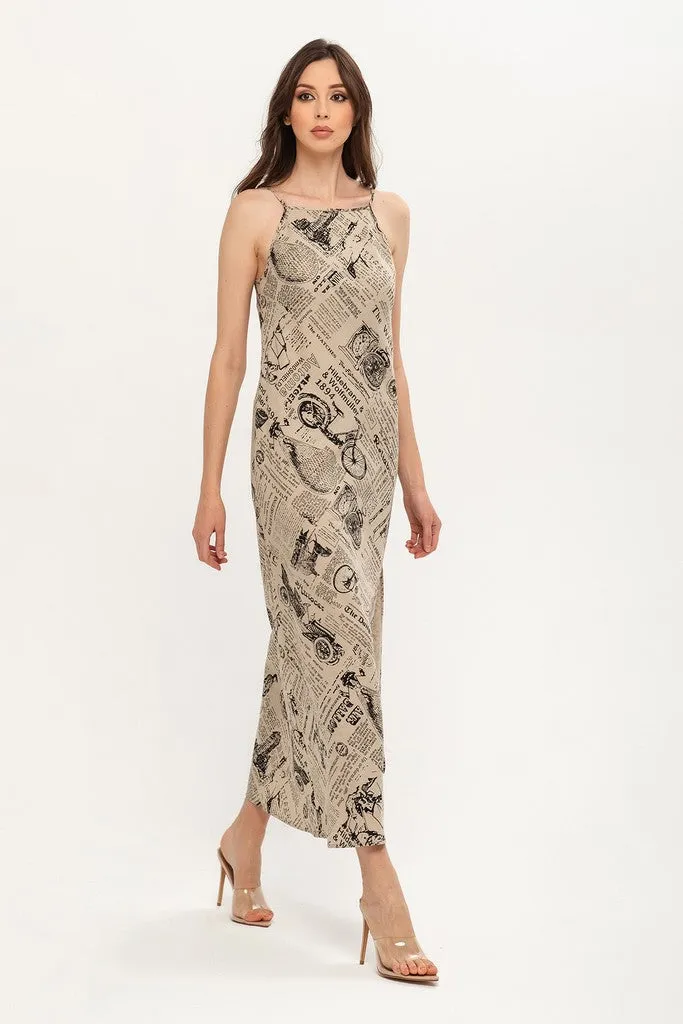 Beige Day A-line Crewneck Strap Printed Tea Summer Dress