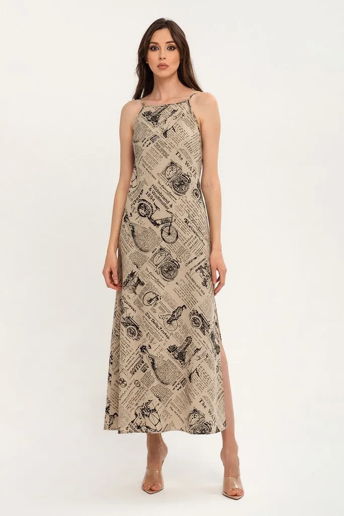 Beige Day A-line Crewneck Strap Printed Tea Summer Dress
