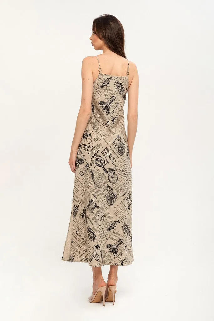 Beige Day A-line Crewneck Strap Printed Tea Summer Dress
