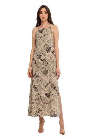 Beige Day A-line Crewneck Strap Printed Tea Summer Dress