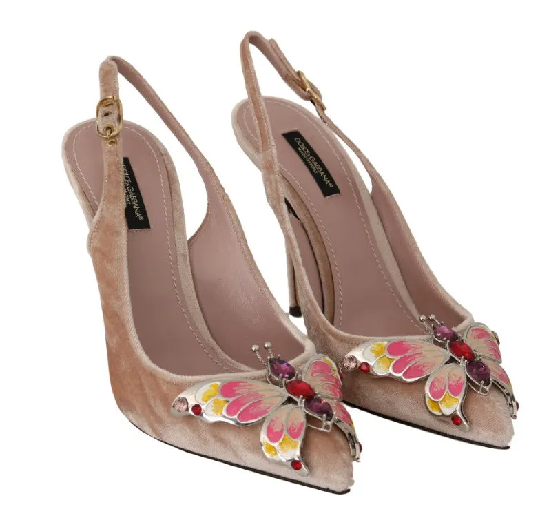 Beige Velvet Crystal Butterfly Heels