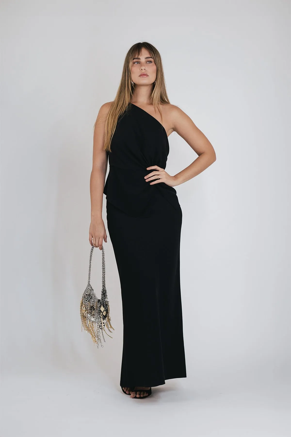 Bias Maxi Skirt in Black Crepe
