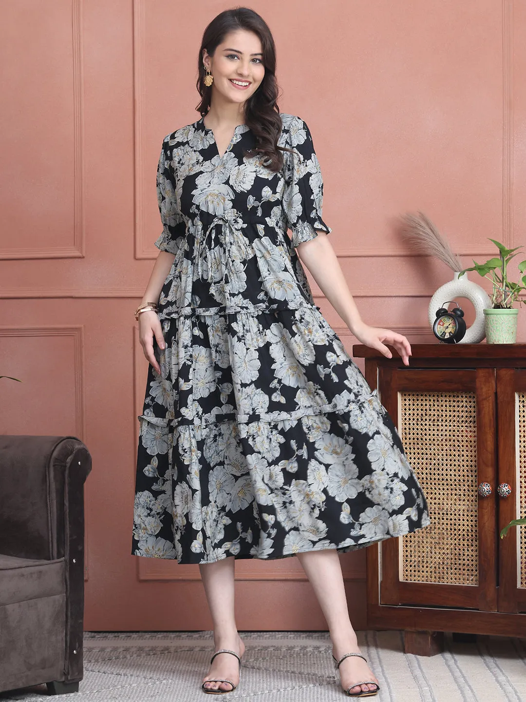 Black Colour Floral Printed Premium Chanderi Dress For Women