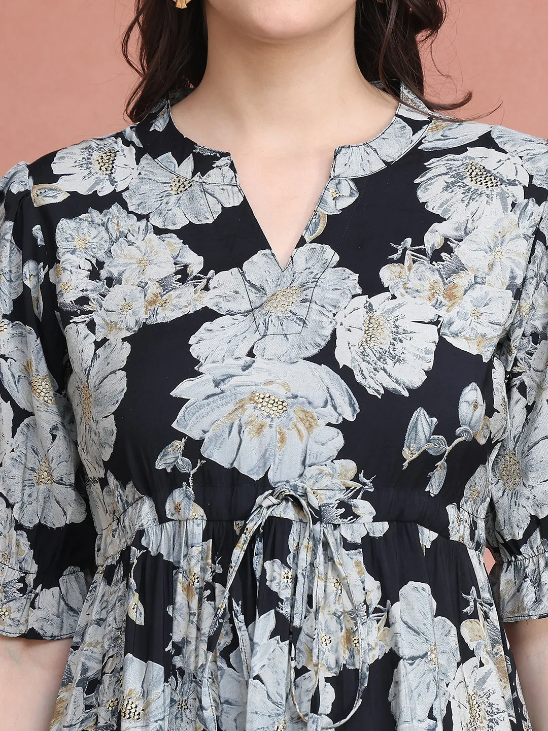 Black Colour Floral Printed Premium Chanderi Dress For Women